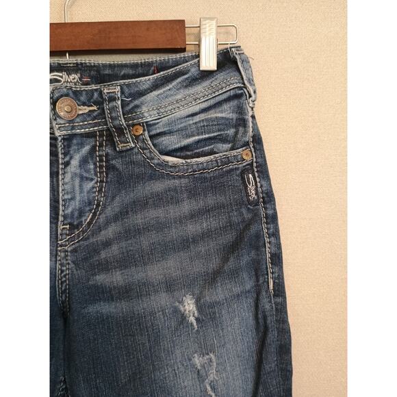 Silver Jeans Women's Blue 28x31 Suki High Slim Boot Cut Fluid Stretch Distressed - Picture 7 of 16